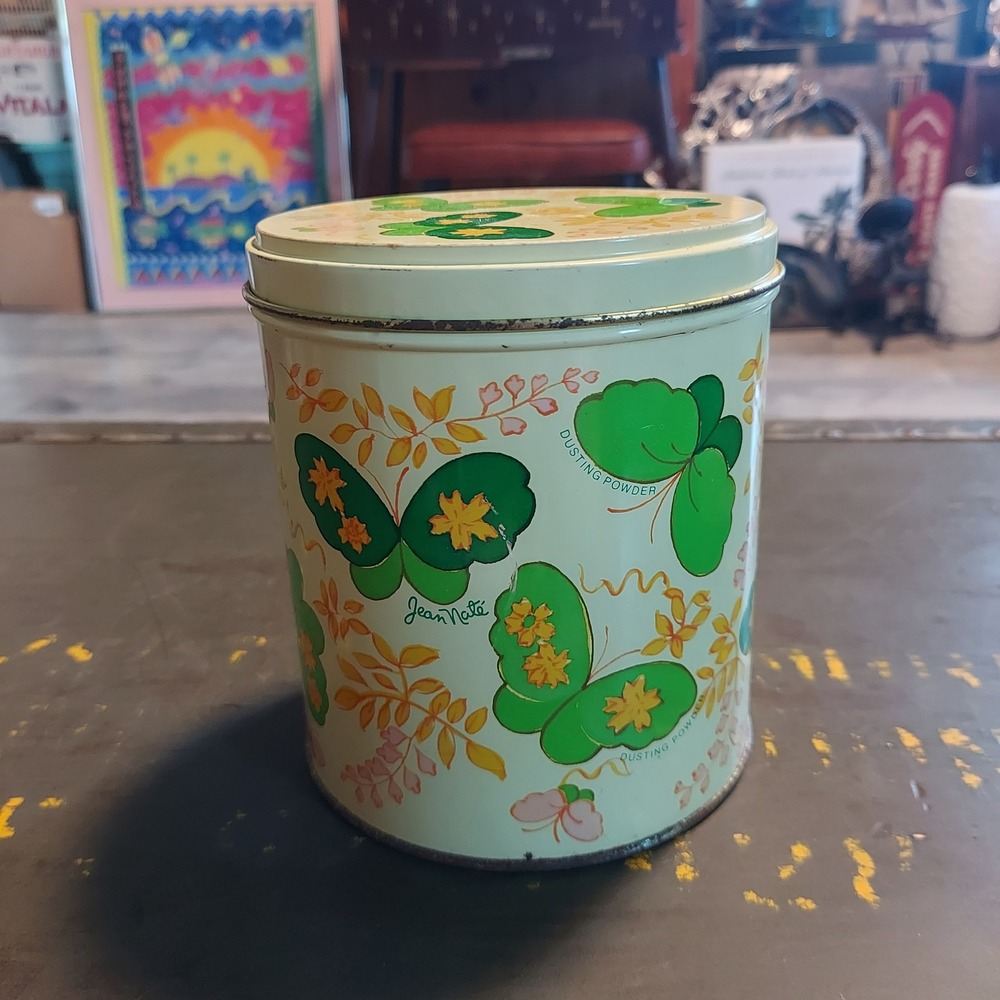 Vintage Jean Nate Butterfly Dusting Powder Tin Charles of the Ritz 5x4 Retro 70s